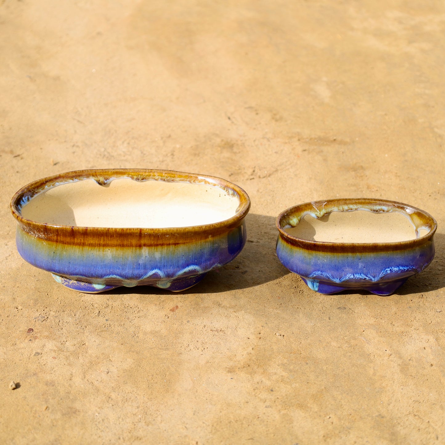 Set of 2- 6X9 and 4X6 inch Blue shaded Oval Shape Ceramic Bowl / Bonsai Planter (any colour & Design)
