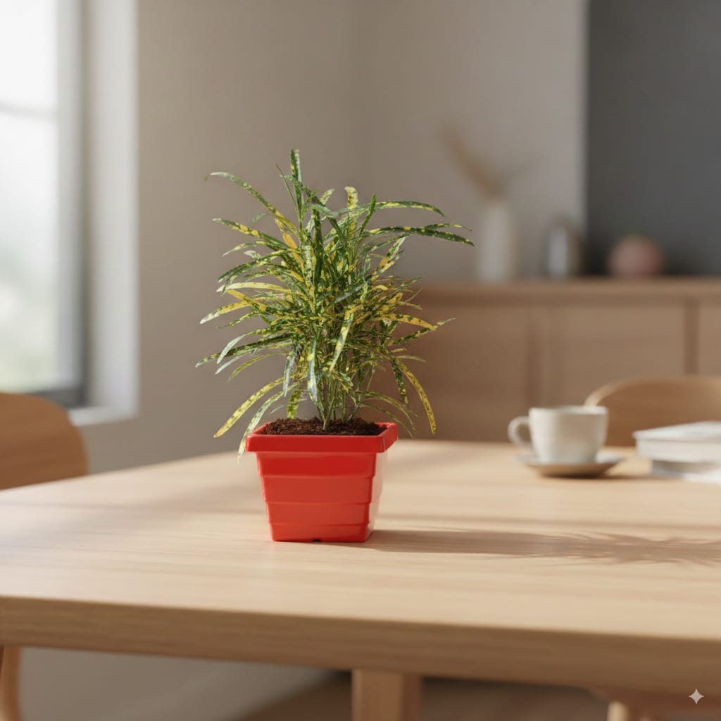 Chironji Croton In 4 Inch Red Orchid Square Plastic Pot