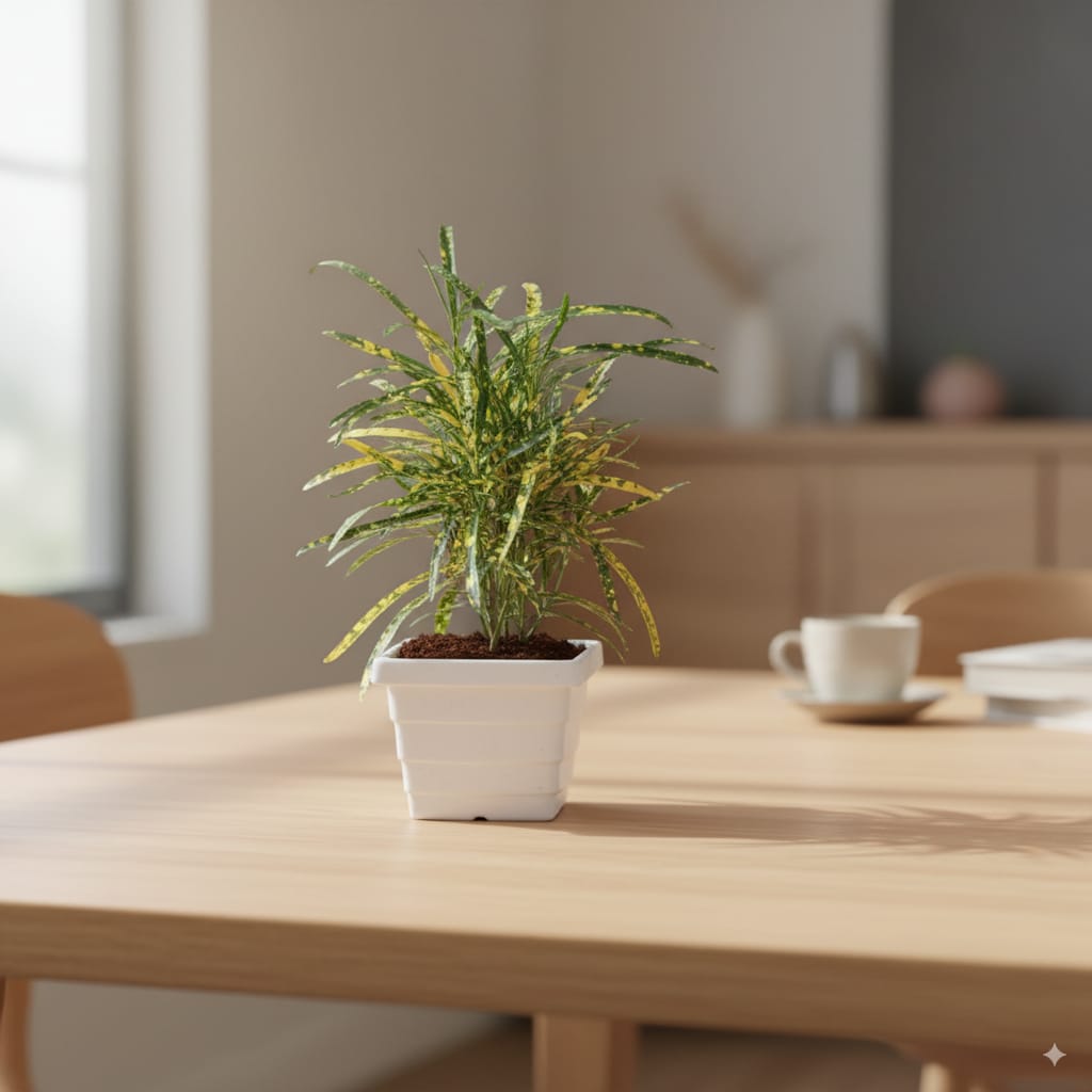 Chironji Croton In 4 Inch White Orchid Square Plastic Pot